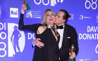 ROME, ITALY - MAY 10: Charlotte Vandermeersch and Felix van Groeningen attend the 68th David Di Donatello winners photocall on May 10, 2023 in Rome, Italy. (Photo by Daniele Venturelli/WireImage)