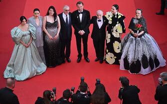 (From L) US actress Jillian Dion, US actress Janae Collins, US actress Cara Jade Myers, US actor Robert De Niro, US actor Leonardo Dicaprio, US director Martin Scorsese, US actress Lily Gladstone and Canadian actress Tantoo Cardinal arrive for the screening of the film "Killers of the Flower Moon" during the 76th edition of the Cannes Film Festival in Cannes, southern France, on May 20, 2023. (Photo by Antonin THUILLIER / AFP) (Photo by ANTONIN THUILLIER/AFP via Getty Images)