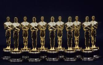 LOS ANGELES - 1990: A view of 11 Oscars statues lined up next to each other in 1990 in Los Angeles, California. (Photo by Santi Visalli/Getty Images)