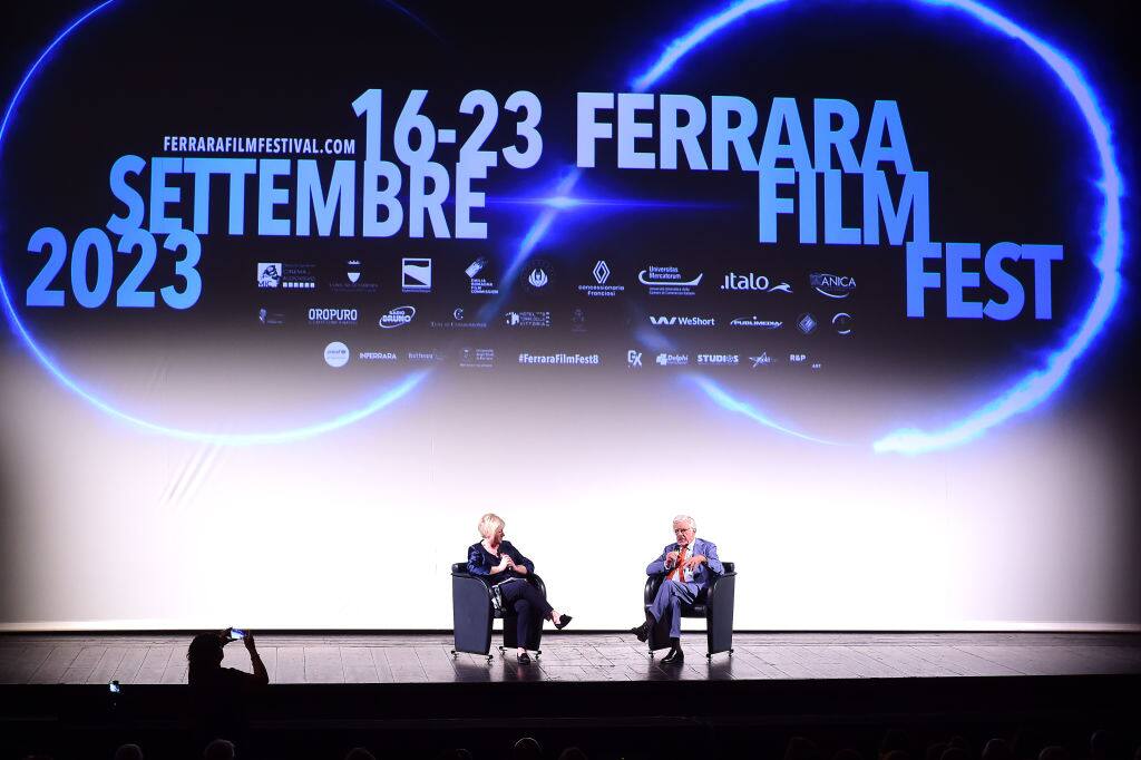 FERRARA, ITALY - SEPTEMBER 16: Italian actor Giancarlo Giannini (R) attends the Ferrara Film Festival 2023 at Teatro Nuovo on September 16, 2023 in Ferrara, Italy. (Photo by Roberto Serra - Iguana Press/Getty Images)