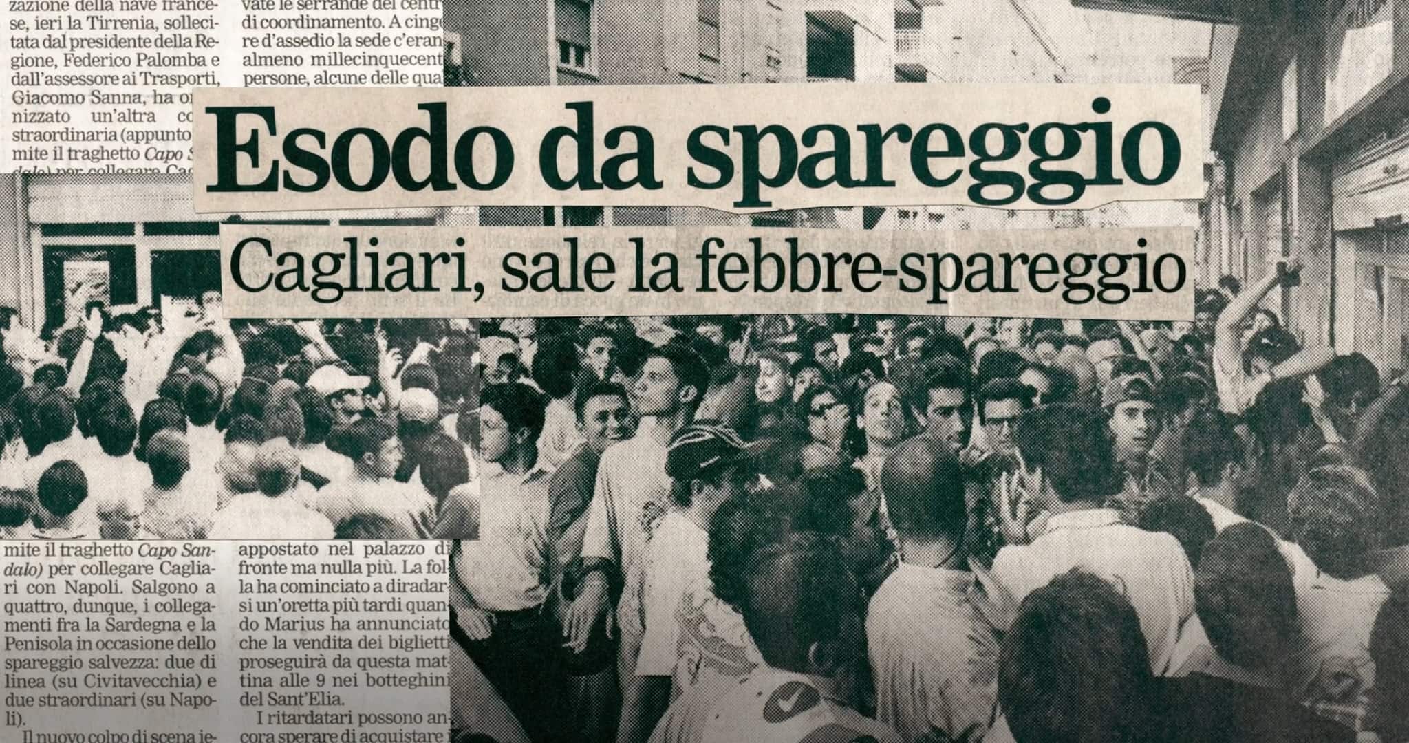 La pagina di un quotidiano locale prima della trasferta a Napoli dei 20 mila tifosi cagliaritani che seguirono lo spareggio contro il Piacenza