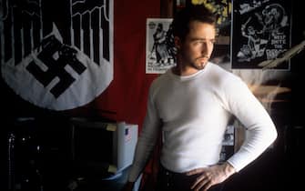 Edward Norton looking to his left in a scene from the film 'American History X', 1998. (Photo by New Line Cinema/Getty Images)