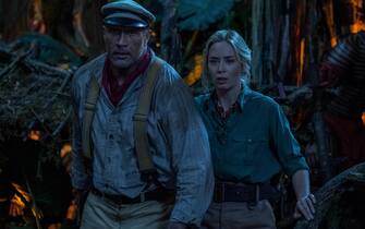 Dwayne Johnson is Frank Wolff and Emily Blunt is Lily Houghton in Disney’s JUNGLE CRUISE. Photo by Frank Masi. © 2021 Disney Enterprises, Inc. All Rights Reserved.