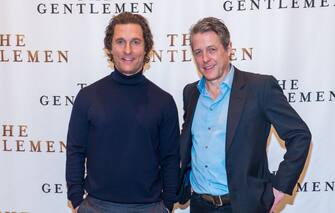 NEW YORK, NEW YORK - JANUARY 11:  Matthew McConaughey and Hugh Grant attend "The Gentlemen" New York City Photo Call at the Whitby Hotel on January 11, 2020 in New York City. (Photo by Mark Sagliocco/WireImage)