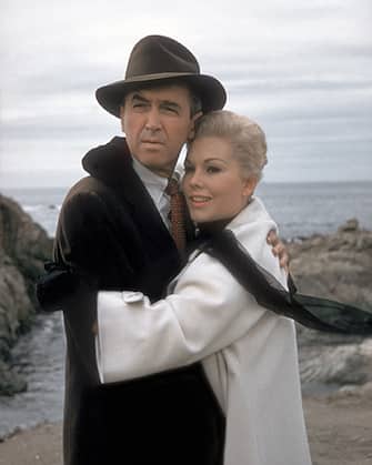 Actors Kim Novak and James Stewart on the set of the movie "u201cVertigo"u201d in 1958 in Los Angeles, California. (Photo by Richard C. Miller/Donaldson Collection/Getty Images)