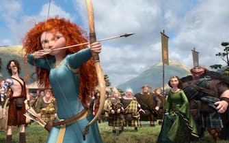 ?BRAVE?   (L-R) LORD MACINTOSH and his son, YOUNG MACINTOSH; MERIDA, WEE DINGWALL and his father, LORD DINGWALL; LORD MacGUFFIN and his son, YOUNG MacGUFFIN; QUEEN ELINOR and KING FERGUS.  Â©2011 Disney/Pixar. All Rights Reserved.