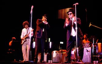 Dan Aykroyd and John Belushi as the Blues Brothers on 8/3/79 in Chicago,Il. (Photo by Paul Natkin/WireImage)