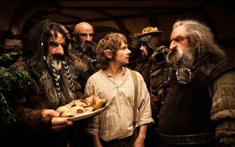(L-r) WILLIAM KIRCHER as Bifur, GRAHAM McTAVISH as Dwalin, MARTIN FREEMAN as Bilbo Baggins, JAMES NESBITT as Bofur and JOHN CALLEN as Oin in the fantasy adventure “THE HOBBIT: AN UNEXPECTED JOURNEY,” a production of New Line Cinema and Metro-Goldwyn-Mayer Pictures (MGM), released by Warner Bros. Pictures and MGM.