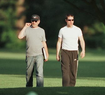 391029 12: ***EXCLUSIVE*** Actor Tom Cruise and director Steven Spielberg arrive by helicopter from the set of "Minority Report" at their hotel June 22, 2001 in Irvington, VA. (Photo By Eric Ford/Getty Images)