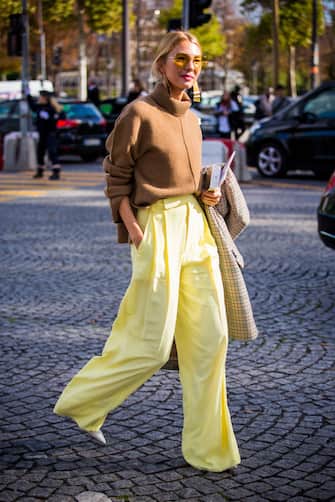 PARIS, FRANCE - OCTOBER 03:  Roberta Benteler wearing brown turtleneck and wide leg pants is seen in the streets of Paris, after the Chanel show during Paris Fashion Week Womenswear SS18 on October 3, 2017 in Paris, France.  (Photo by Claudio Lavenia/Getty Images)