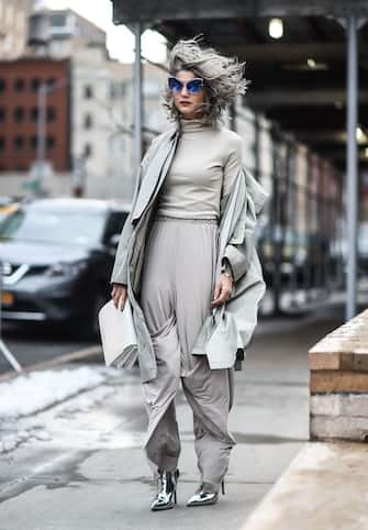 NEW YORK, NY - FEBRUARY 15:  Samantha Angelo is seen wearing an all gray outfit outside the Anna Sui show during New York Fashion Week on February 15, 2017 in New York City.  (Photo by Daniel Zuchnik/Getty Images)
