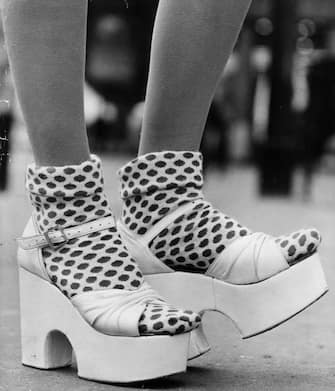 October 1971:  A pair of platform shoes by Dorothee Bis, worn with fifties-style socks.  (Photo by Gunnar Larsen/Evening Standard/Getty Images)