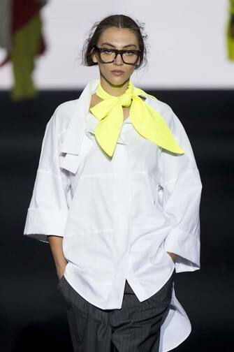 MADRID, SPAIN - APRIL 10: A model walks the runway at the Ulises Merida fashion show during Mercedes Benz Fashion Week Madrid April 2021  at Ifema on April 10, 2021 in Madrid, Spain. (Photo by Juan Naharro Gimenez/Getty Images)