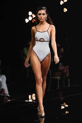 GRAN CANARIA, SPAIN – OCTOBER 24: A model walks the runway during the Palmas Fashion show as during the Gran Canaria Moda Calida Swimwear on October 24, 2020 in Gran Canaria, Spain. (Photo by Estrop/Getty Images)