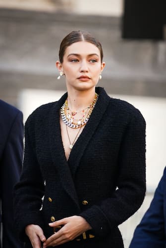 PARIS, FRANCE - JUNE 20: Gigi Hadid is seen, outside "Karl for Ever" Tribute to Karl Lagerfeld at Grand Palais, during Paris Fashion Week - Menswear Spring/Summer 2020, on June 20, 2019 in Paris, France. (Photo by Edward Berthelot/Getty Images)