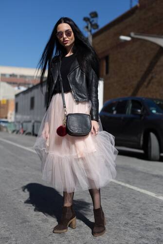 NEW YORK, NY - FEBRUARY 14:  Henriette Wilhelmine Arnevig is seen attending ICB during New York Fashion Week wearing a black leather jacket and pink tulle skirt on February 14, 2017 in New York City.  (Photo by Matthew Sperzel/Getty Images)