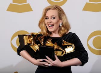 LOS ANGELES, CA - FEBRUARY 12:  Singer Adele, winner of six GRAMMYs, poses in the press room at the 54th Annual GRAMMY Awards at Staples Center on February 12, 2012 in Los Angeles, California.  (Photo by Kevork Djansezian/Getty Images)