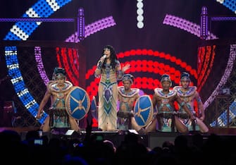 INDIANAPOLIS, IN - APRIL 11:  Cher performs live in concert on The Dressed to Kill Tour at Bankers Life Fieldhouse on April 11, 2014 in Indianapolis, Indiana.  (Photo by Joey Foley/Getty Images)