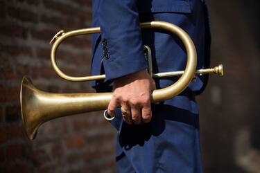 BOLOGNA, ITALY - APRIL 25: Celebrations in Bologna of Liberation Day on April 25, 2020 in Bologna, Italy. Paolo Fresu holding his Trumpet. Italy continues its lockdown to contain the spread of Covid-19 Coronavirus.  (Photo by Max Cavallari/Getty Images)