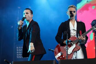 ARRAS, FRANCE - JULY 07:  Dave Gahan (L) and Martin Gore of Depeche Mode perform on stage with his band during Arras' Main Square festival day 2 on July 7, 2018 in Arras, France.  (Photo by Sylvain Lefevre/Getty Images)