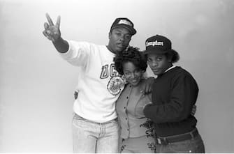 NEW YORK, NY:  Michel'le appears with Dr. Dre and Eazy-E in a portrait taken on December 8, 1989 in New York City. (Photo by Al Pereira/Getty Images).