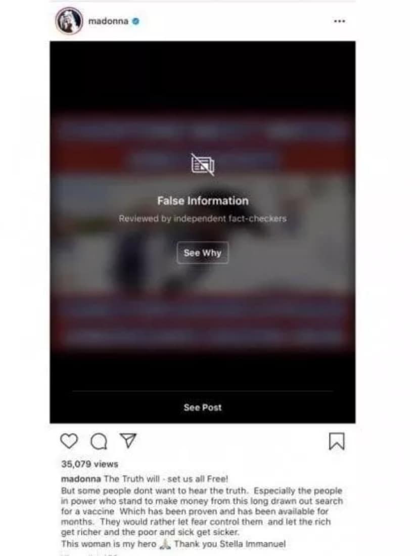 Il post di Madonna poi rimosso da Instagram