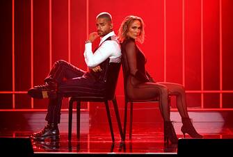 LOS ANGELES, CALIFORNIA - NOVEMBER 22: (L-R) In this image released on November 22, Maluma and Jennifer Lopez perform onstage for the 2020 American Music Awards at Microsoft Theater on November 22, 2020 in Los Angeles, California. (Photo by Kevin Mazur/AMA2020/Getty Images for dcp)