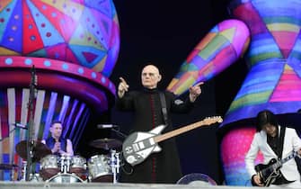 epa07637603 (L-R) Jimmy Chamberlin, Billy Corgan and James Iha of the US alternative rock band The Smashing Pumpkins perform on the Zeppelin stage at the 'Rock im Park' festival in Nuremberg, Germany, 09 June 2019. The festival takes place from 07 to 09 June.  EPA/TIMM SCHAMBERGER