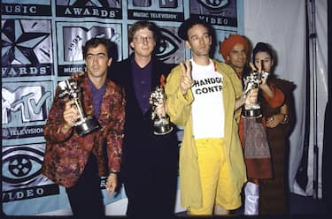 Rock group R. E. M. holding their awards in Press Room at MTV Music Video Awards.  (Photo by Time Life Pictures/DMI/The LIFE Picture Collection via Getty Images)