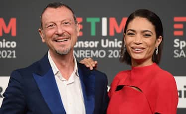 Sanremo Festival host and artistic director, Amadeus, and Italian singer Elodie (R) pose during a photocall at the 71st Sanremo Italian Song Festival, Sanremo, Italy, 03 March 2021. The festival runs from 02 to 06 March.    ANSA/ETTORE FERRARI




