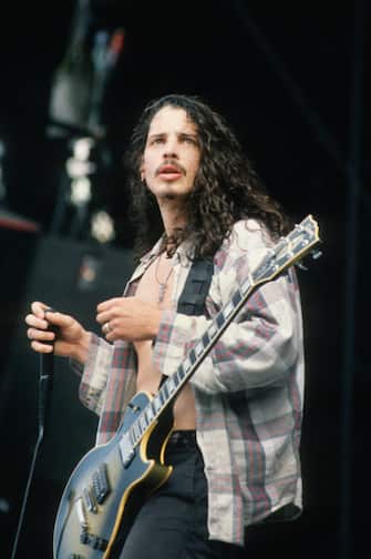 Singer-songwriter and guitarist Chris Cornell (1964 - 2017) performing with American rock group, Soundgarden at Feyenoord Stadion (De Kuip), Rotterdam, Netherlands, 23rd June 1992.