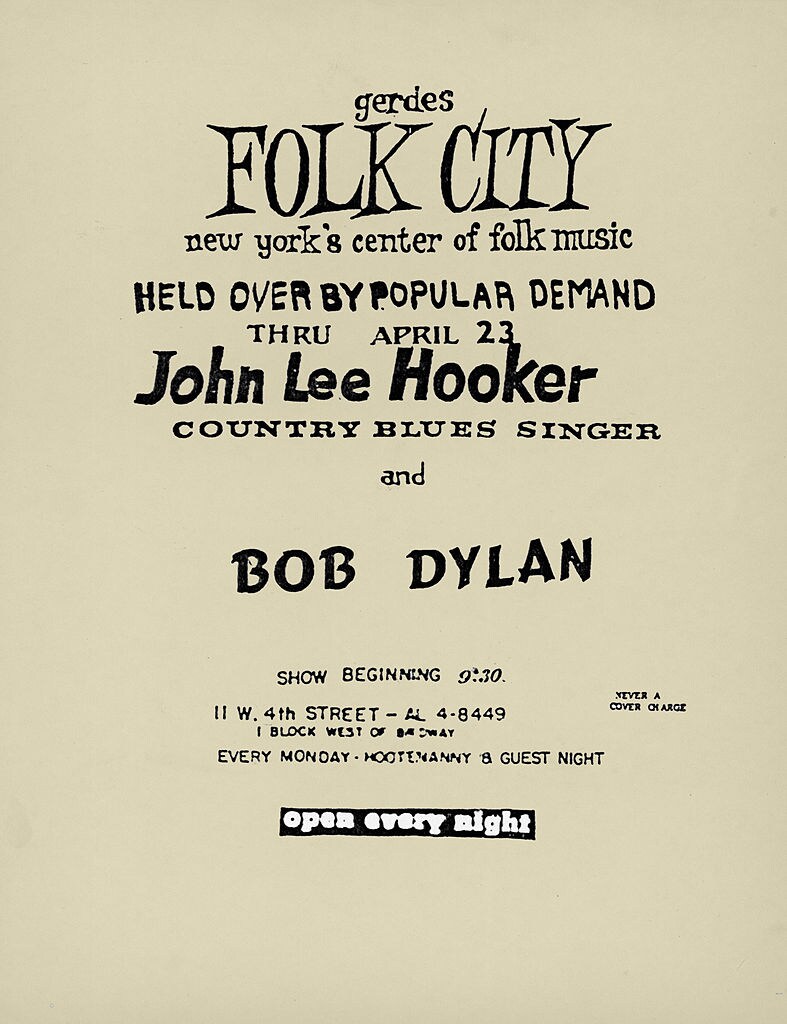 3039577 Flyer promoting a concert series by American blues singer and guitarist John Lee Hooker with singer and songwriter Bob Dylan, at Gerde's Folk City nightclub, New York City, April 1961. (Photo by Blank Archives/Getty Images)