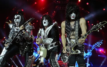 PERTH, AUSTRALIA - OCTOBER 03: Gene Simmons, Tommy Thayer and Paul Stanley of KISS, perform during their opening show for the Australian leg of their 40th anniversary world tour at Perth Arena on October 3, 2015 in Perth, Australia.  (Photo by Paul Kane/Getty Images)