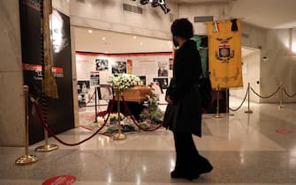 People pay tribute to Italian singer Milva's coffin at funeral home inside the Strehler Theater in Milan, Italy, 27 April 2021. Milva has died at the age of 81, her family announced 24 April 2021. 
ANSA / MATTEO BAZZI