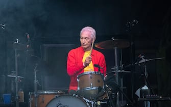 22 June 2018, Germany, Berlin: Rolling Stones drummer Charlie Watts performs on stage during the concert of his band at the Olympic Stadium. Photo: Paul Zinken/dpa (Photo by Paul Zinken/picture alliance via Getty Images)