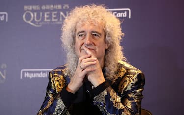 (L to R) Queen band member Brian May attends a press conference ahead of the Rhapsody Tour at a hotel in Seoul on January 16, 2020. (Photo by Chung Sung-Jun / POOL / AFP) (Photo by CHUNG SUNG-JUN/POOL/AFP via Getty Images)