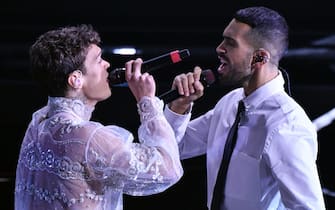 Italian singers Blanco (L) and Mahmood (R) perform on stage at the Ariston theater during the 72nd Sanremo Italian Song Festival, Sanremo, Italy, 05 February 2022. The music festival runs from 01 to 05 February 2022. ANSA / ETTORE FERRARI