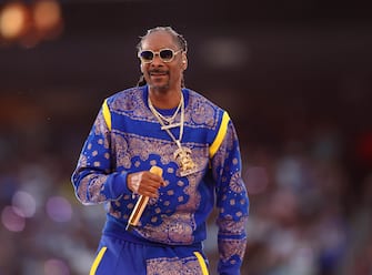 Feb 13, 2022; Inglewood, CA, USA; Snoop Dogg performs during the halftime show for Super Bowl LVI between the Los Angeles Rams and the Cincinnati Bengals at SoFi Stadium. Mandatory Credit: Mark J. Rebilas-USA TODAY Sports/Sipa USA