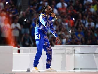 Feb 13, 2022;  Inglewood, California, USA;  Recording artist Snoop Dogg performs during the halftime show of Super Bowl LVI with the Los Angeles Rams playing against the Cincinnati Bengals at SoFi Stadium.  Mandatory Credit: Gary A. Vasquez-USA TODAY Sports / Sipa USA