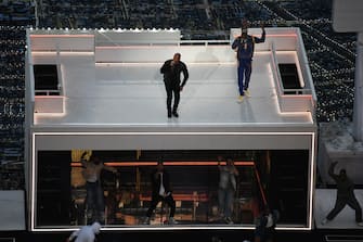 Feb 13, 2022; Inglewood, California, USA; General view of the performance by Dr. Dre and Snoop Dogg during the halftime during the game between the  Los Angeles Rams and the Cincinnati Bengals in Super Bowl LVI at SoFi Stadium. Mandatory Credit: Richard Mackson-USA TODAY Sports/Sipa USA