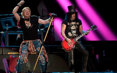 Axl Rose (L) and Slash of the band "Guns NÂ´ Roses" perform during the Vive Latino 2020 festival at the Foro Sol in Mexico City, on March 14, 2020. - The festival is carried out with extreme health measures to avoid the spread of the coronavirus, COVID-19. (Photo by Alejandro MELENDEZ / AFP) (Photo by ALEJANDRO MELENDEZ/AFP via Getty Images)