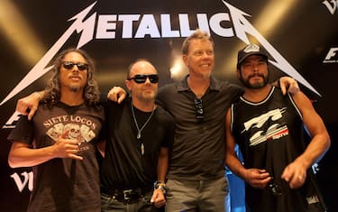DELHI, INDIA - OCTOBER 28:  Kirk Hammett (L), Lars Ulrich (CL), James Hetfield (CR) and Robert Trujillo (R) from Metallica at the F1 Rocks India Metallica concert press conference on October 28, 2011 in Delhi, India.  (Photo by Andrew Caballero-Reynolds/Getty Images for F1 Rocks in India with Vladivar)