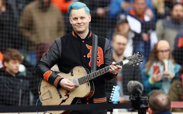 DETROIT, MI - APRIL 08:  Jack White sings the national anthem prior to the game between the Chicago White Sox and the Detroit Tigers at Comerica Park on Friday, April 8, 2022 in Detroit, Michigan. (Photo by Mike Mulholland/MLB Photos via Getty Images)