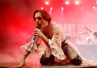 INDIO, CALIFORNIA - APRIL 17: Damiano David of MÃ¥neskin performs onstage at the Outside Theatre during the 2022 Coachella Valley Music And Arts Festival on April 17, 2022 in Indio, California. (Photo by Frazer Harrison/Getty Images for Coachella)