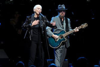 NEW YORK, NEW YORK - DECEMBER 09: Annie Lennox (L) and Dave Stewart of the Eurythmics perform onstage during the The Rainforest Fund 30th Anniversary Benefit Concert Presents 'We'll Be Together Again' at Beacon Theatre on December 09, 2019 in New York City. (Photo by Kevin Kane/Getty Images for The Rainforest Fund)