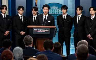 WASHINGTON, DC - MAY 31: Members of the South Korean pop group BTS or Bantam Boys, speak at the daily press briefing at the White House, on Tuesday, May 31, 2022 in Washington, DC. BTS met with U.S. President Joe Biden to discuss Asian inclusion and representation, and to discuss the recent rise in anti-Asian hate crimes. (Kent Nishimura / Los Angeles Times via Getty Images)