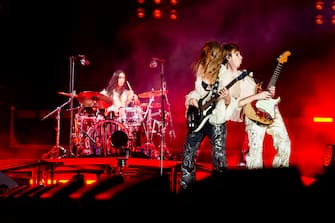 Italian glam rock band Maneskin (vocalist Damiano David, bassist Victoria De Angelis, guitarist Thomas Raggi and drummer Ethan Torchio) perform on stage during a concert at the Circus Maximus in Rome, Italy, 09 July 2022. ANSA / PRESS OFFICE / ROBERTO PANUCCI + ++ ANSA PROVIDES ACCESS TO THIS HANDOUT PHOTO TO BE USED SOLELY TO ILLUSTRATE NEWS REPORTING OR COMMENTARY ON THE FACTS OR EVENTS DEPICTED IN THIS IMAGE;  NO ARCHIVING;  NO LICENSING +++