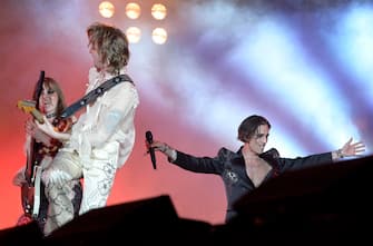 Italian glam rock band Maneskin (vocalist Damiano David, bassist Victoria De Angelis, guitarist Thomas Raggi and drummer Ethan Torchio) perform on stage during a concert at the Circus Maximus in Rome, Italy, 09 July 2022. ANSA / CLAUDIO PERI