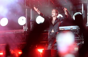 Italian glam rock band Maneskin (vocalist Damiano David, bassist Victoria De Angelis, guitarist Thomas Raggi and drummer Ethan Torchio) perform on stage during a concert at the Circus Maximus in Rome, Italy, 09 July 2022.
ANSA/CLAUDIO PERI