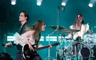 Italian glam rock band Maneskin (vocalist Damiano David, bassist Victoria De Angelis, guitarist Thomas Raggi and drummer Ethan Torchio) perform on stage during a concert at the Circus Maximus in Rome, Italy, 09 July 2022.
ANSA/CLAUDIO PERI